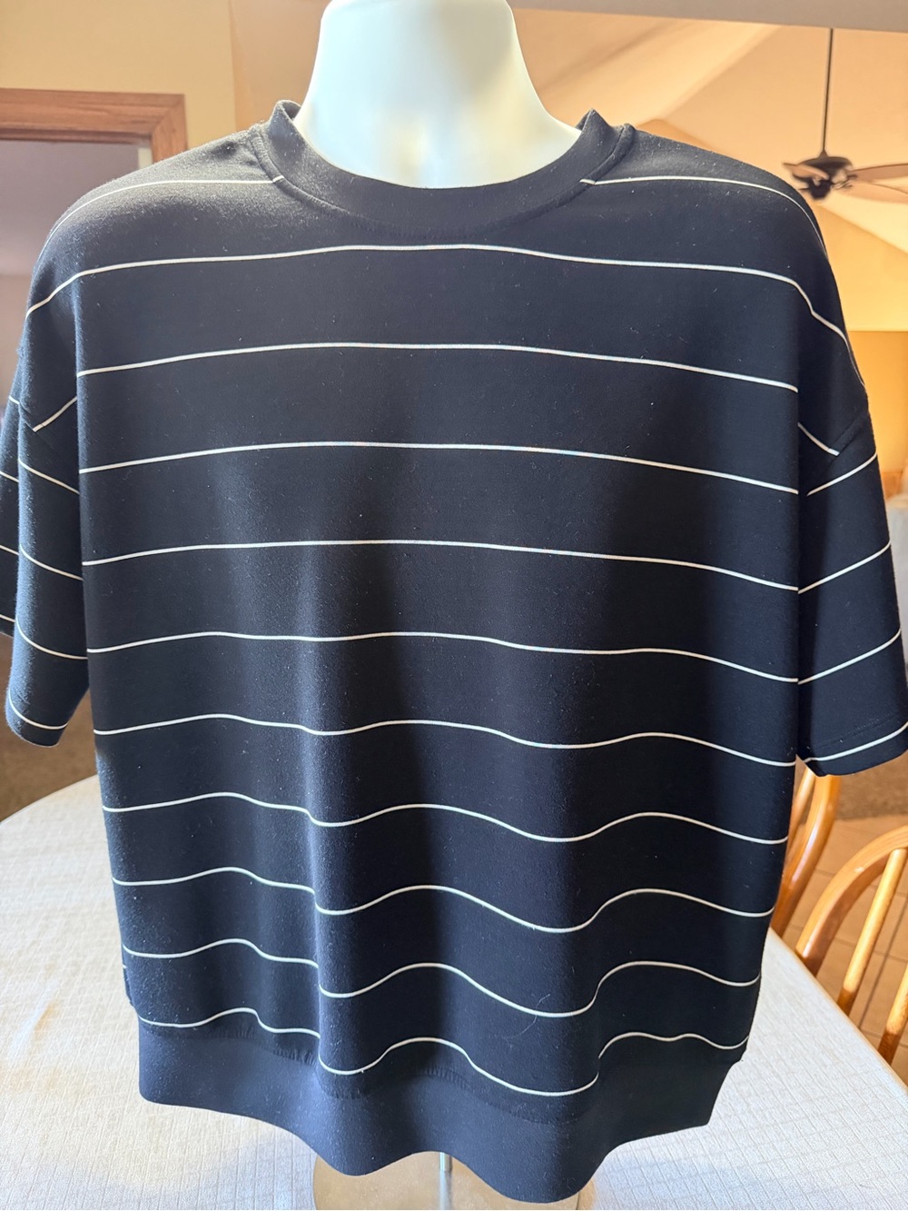 Rae Mode Women's Black Short-Sleeve Crewneck Tee with Thin White Stripes
